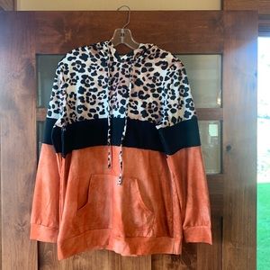 Leopard Print Orange Black Color Block Hoodie